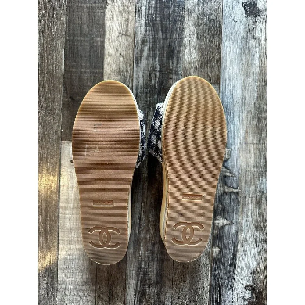 Chanel Tweed Mixed Fibers Cork CC Mule Sandal Navy Blue White Size 38